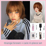 Load image into Gallery viewer, Orange brown short hair wig female full head cover Japanese short straight hair Bobo head bobo age reduction sister head slightly warped cos
