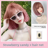 Load image into Gallery viewer, Short hair wig female Japanese hairstyle gradual change pink lolita girl Bobo head round face simulation wig cover summer