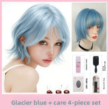 Load image into Gallery viewer, Japanese light blue short hair wig female outer warping layer Bobo head simulation scalp 2k Spice girl natural age reduction full head cover
