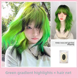 Load image into Gallery viewer, Y2K hottie short hair full hood Lolita mullet head green black highlights collarbone fluffy wavy natural short curly hair