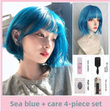 Load image into Gallery viewer, Small fry summer new sea blue JK wig short hair full head cover female hair color female group bobo head short straight hair