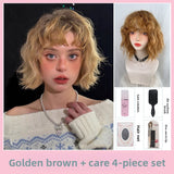 Load image into Gallery viewer, Japanese doll doll short curly hair cos dopamine fluffy Qi bangs golden brown short hair whole wig cover