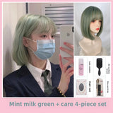Load image into Gallery viewer, Wig girl summer short hair mint milk green new Bobo head age reduction shoulder imitation full real girl group full head cover