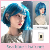 Load image into Gallery viewer, Small fry summer new sea blue JK wig short hair full head cover female hair color female group bobo head short straight hair
