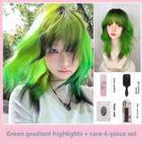 Load image into Gallery viewer, Y2K hottie short hair full hood Lolita mullet head green black highlights collarbone fluffy wavy natural short curly hair
