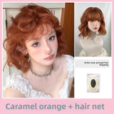 Load image into Gallery viewer, Japanese orange wig short hair doll Internet celebrity retro roll bangs wool roll wig COS