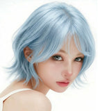 Load image into Gallery viewer, Japanese light blue short hair wig female outer warping layer Bobo head simulation scalp 2k Spice girl natural age reduction full head cover