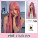 Load image into Gallery viewer, New pink wig female long straight hair lolita female group jk color tide oblique bangs hairstyle full headgear