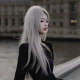Load image into Gallery viewer, Grandma gray wig female full hood silver white medium parting long straight hair jk light gray cos universal lolita hair