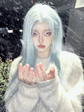 Load image into Gallery viewer, Mint blue wig female full head cover forehead lace eight-character bangs trendy long straight hair long hair universal cos