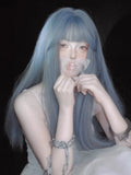 Load image into Gallery viewer, Blue and gray wig long hair Lolita subculture Qi bangs Korean girl group blue natural long straight hair full headgear