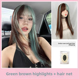 Load image into Gallery viewer, Thin wig long straight hair green gradual change black Lolita Lolita round face natural air bangs sweet and spicy wind