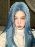Load image into Gallery viewer, Forehead lace mermaid blue medium length hair wig Internet celebrity hazy high level medium length straight hair whole JK wig