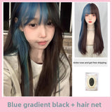 Load image into Gallery viewer, Thin wig long straight hair green gradual change black Lolita Lolita round face natural air bangs sweet and spicy wind