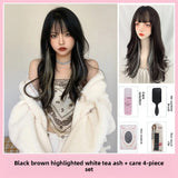 Load image into Gallery viewer, Thin wig long straight hair green gradual change black Lolita Lolita round face natural air bangs sweet and spicy wind