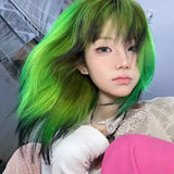 Load image into Gallery viewer, Y2K hottie short hair full hood Lolita mullet head green black highlights collarbone fluffy wavy natural short curly hair