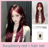 Load image into Gallery viewer, Red wig female long hair eight-character bangs long straight hair COS Internet celebrity JK natural imitation full real hair full headgear