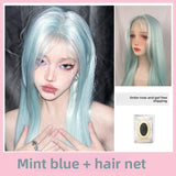 Load image into Gallery viewer, Mint blue wig female full head cover forehead lace eight-character bangs trendy long straight hair long hair universal cos