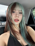 Load image into Gallery viewer, Thin wig long straight hair green gradual change black Lolita Lolita round face natural air bangs sweet and spicy wind