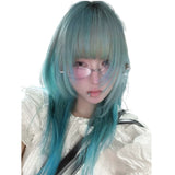 Load image into Gallery viewer, Japanese wig female green clavicle hair y2k Internet celebrity subculture Qi bangs high level short straight hair full headgear