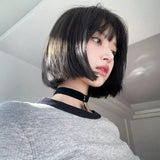 Load image into Gallery viewer, Korean wig female summer short hair bobo head natural black Qi bangs short straight hair tide Japanese women's group Internet celebrity jk hair cover