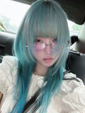 Load image into Gallery viewer, Japanese wig female green clavicle hair y2k Internet celebrity subculture Qi bangs high level short straight hair full headgear
