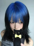 Load image into Gallery viewer, Halloween wig short hair Abia culture women black and blue highlights gradual change sex wolf tail long hair color full hood