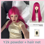 Load image into Gallery viewer, Rose pink wig female long straight hair cute full hood full top girl group JK female long hair Y2K temperament lolita