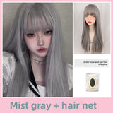 Load image into Gallery viewer, Wig female long straight hair new smoke gray full head cover medium long hair lolita wig cover daily straight hair