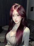 Load image into Gallery viewer, Red wig female long hair eight-character bangs long straight hair COS Internet celebrity JK natural imitation full real hair full headgear