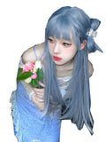 Load image into Gallery viewer, Mermaid blue wig female long hair new Qi bangs cute age reduction long straight hair Internet celebrity lolita full headgear