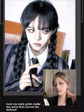 Load image into Gallery viewer, Black wig female long hair full hood halloween cos Wednesday Adams same braided long straight hair