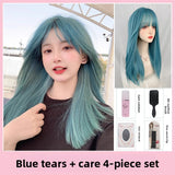 Load image into Gallery viewer, Wig long straight hair Internet celebrity lolita blue trim jk girl natural full headgear bangs realistic wig