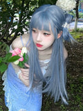 Load image into Gallery viewer, Mermaid blue wig female long hair new Qi bangs cute age reduction long straight hair Internet celebrity lolita full headgear