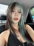Load image into Gallery viewer, Thin wig long straight hair green gradual change black Lolita Lolita round face natural air bangs sweet and spicy wind