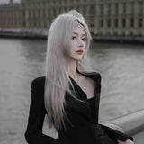 Load image into Gallery viewer, Grandma gray wig female full hood silver white medium parting long straight hair jk light gray cos universal lolita hair