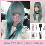 Load image into Gallery viewer, Japanese wig female green clavicle hair y2k Internet celebrity subculture Qi bangs high level short straight hair full headgear