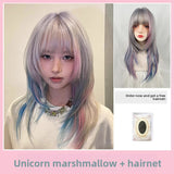 Load image into Gallery viewer, Wig female unicorn pink blue gradual change clavicle hair y2k Internet celebrity subculture high level short straight hair full hood