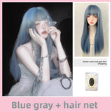 Load image into Gallery viewer, Blue and gray wig long hair Lolita subculture Qi bangs Korean girl group blue natural long straight hair full headgear