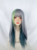 Load image into Gallery viewer, Blue highlights green highlights wig subculture y2k full headgear female pop top dye daily color Internet celebrity long straight hair