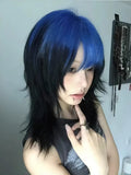 Load image into Gallery viewer, Halloween wig short hair Abia culture women black and blue highlights gradual change sex wolf tail long hair color full hood