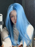 Load image into Gallery viewer, Forehead lace mermaid blue medium length hair wig Internet celebrity hazy high level medium length straight hair whole JK wig