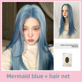 Load image into Gallery viewer, Forehead lace mermaid blue medium length hair wig Internet celebrity hazy high level medium length straight hair whole JK wig