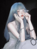 Load image into Gallery viewer, Blue and gray wig long hair Lolita subculture Qi bangs Korean girl group blue natural long straight hair full headgear