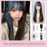 Load image into Gallery viewer, Thin wig long straight hair green gradual change black Lolita Lolita round face natural air bangs sweet and spicy wind