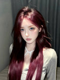 Load image into Gallery viewer, Red wig female long hair eight-character bangs long straight hair COS Internet celebrity JK natural imitation full real hair full headgear