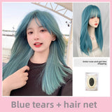 Load image into Gallery viewer, Wig long straight hair Internet celebrity lolita blue trim jk girl natural full headgear bangs realistic wig