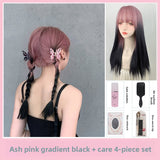 Load image into Gallery viewer, Girls long straight hair summer smoke pink Lolita Lolita round face natural air bangs sweet and spicy wind