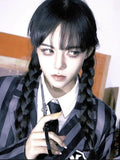 Load image into Gallery viewer, Black wig female long hair full hood halloween cos Wednesday Adams same braided long straight hair