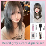Load image into Gallery viewer, Wig female medium long hair high level JK gray full head cover lolita clavicle hair long straight hair y2k whole top fluffy